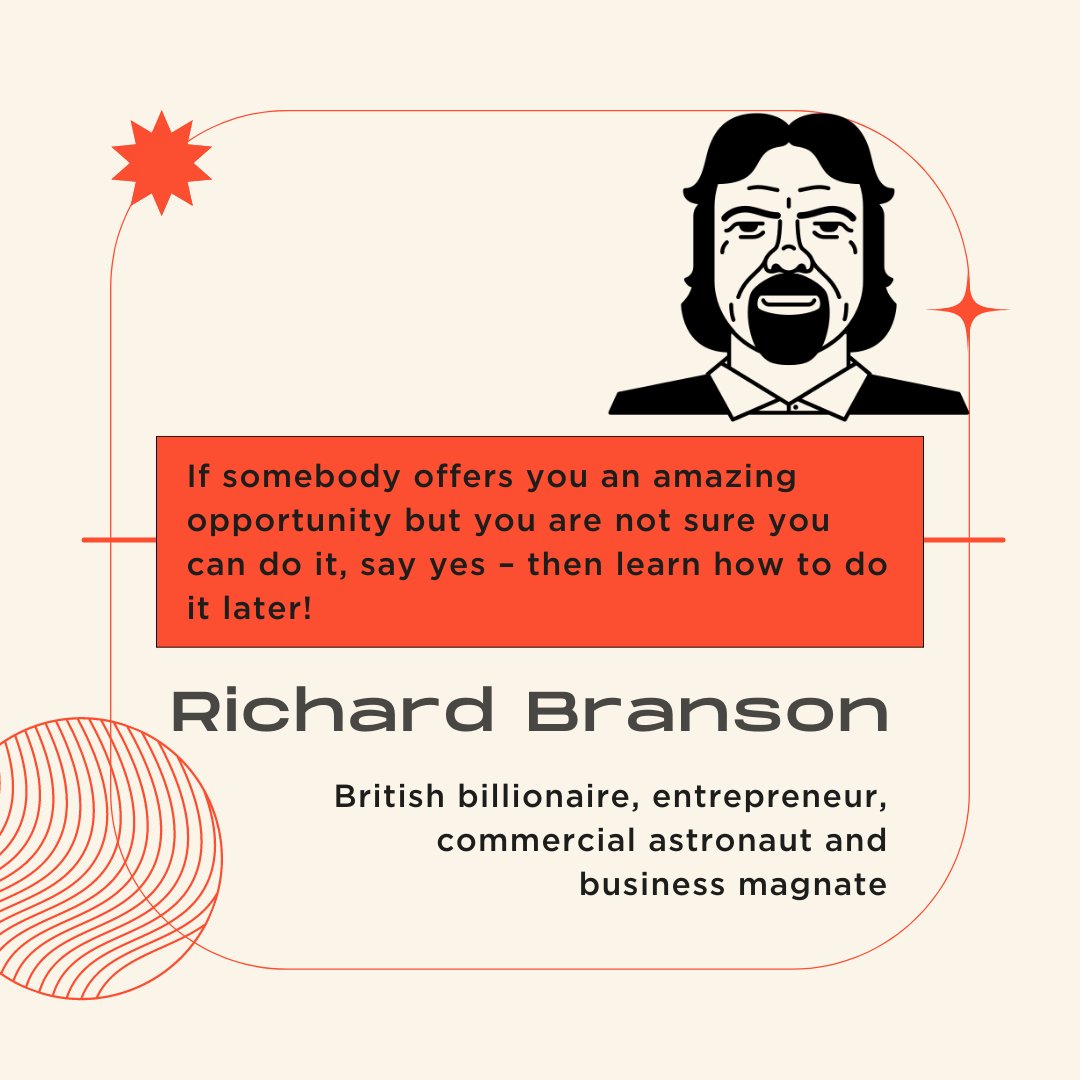 growlabtech's tweet photo. Embrace new challenges and have the courage to step outside your comfort zone! 💪💥 

Sir Richard Branson's philosophy of saying yes to amazing opportunities, even if you're not sure you can do it, is a mindset for growth and success.

#grow #motivation #opporunity #success https://t.co/Ked32iol4j