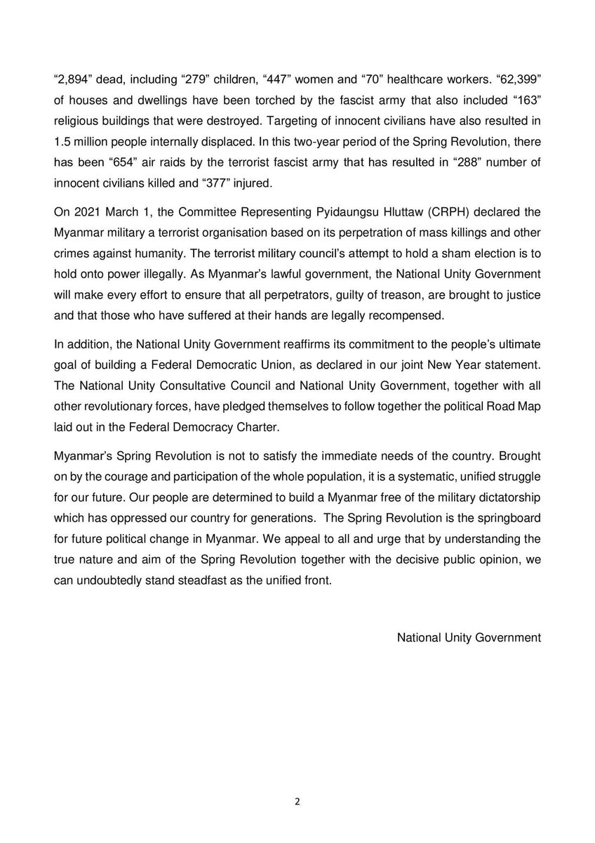 mohr_nug's tweet photo. The Republic of the Union of Myanmar
#National_Unity_Government
#Statement (2/2023)
1 February 2023
“Statement on the 2nd Anniversary of the #Spring_Revolution”
#whatshappeninginMyanmar https://t.co/cRDE4CLATY