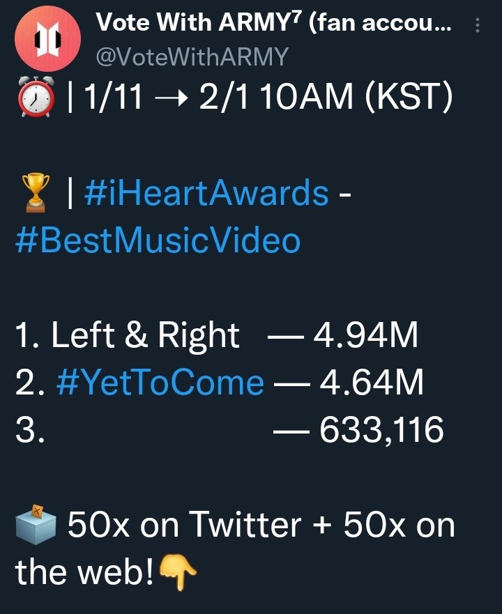 بچه ها یت تو کام نباید دوم باشه
آهنگ هفت تایی پسرا جایگاهش دوم نیست
رای بدین
vote #YetToCome for #BestMusicVideo at the #iHeartAwards 2023.