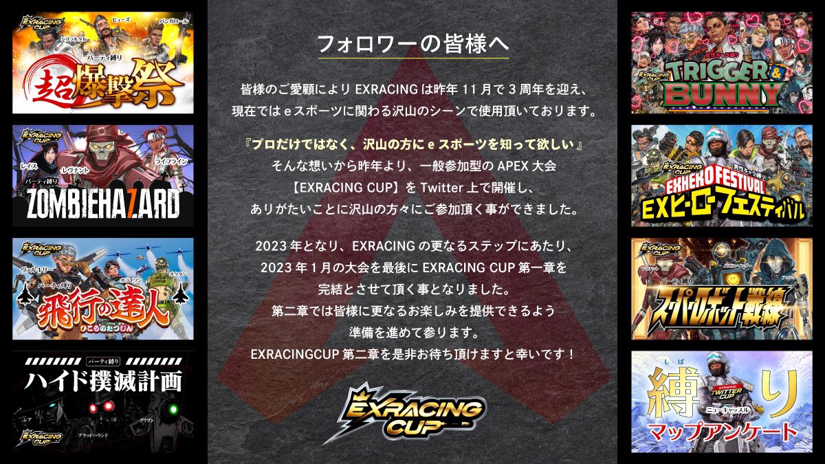 EXRACING_JP's tweet photo. #EXRACINGCUP は1月を持ちまして一度終幕とさせて頂きます。
お陰様で、思い出の詰まった激アツの1年となりました🔥
皆様をもっとワクワクさせられる企画を模索中ですので是非ご期待下さい！💺

ファイナルチャンピオンの皆様改めておめでとうです‼️🏆

#EXRACINGCUP #EXRACING #キャンペーン https://t.co/e7Hv19MTph