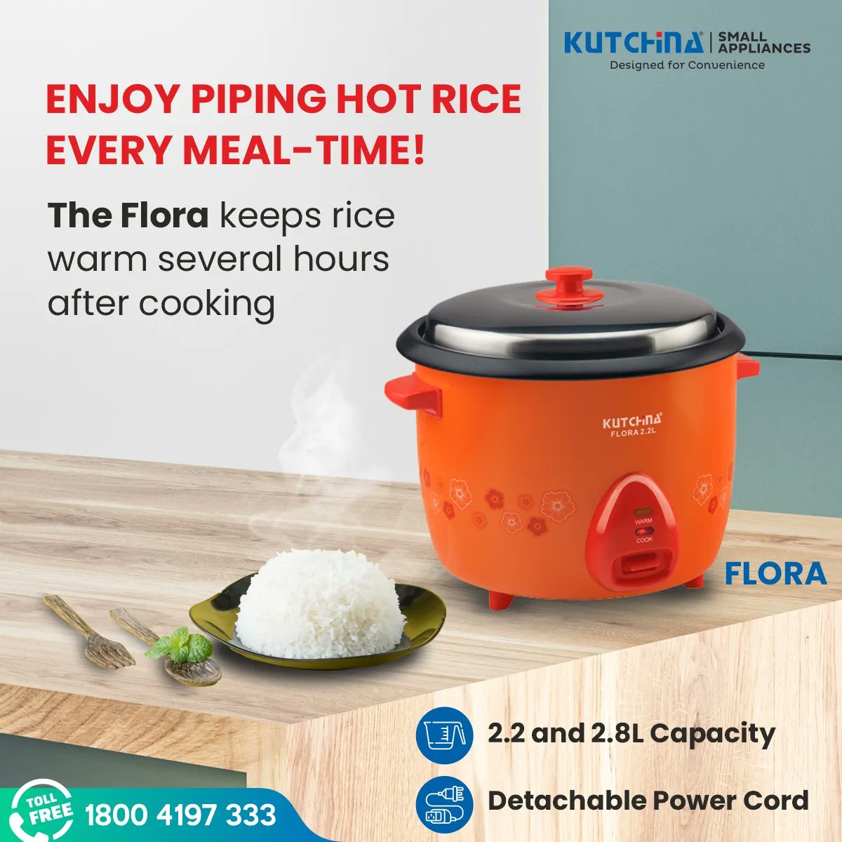 Bring home Kutchina’s Flora 2.8 L rice-cooker – its non-stick inner pot helps you cook rice with ease, and keeps the rice piping hot for the longest time. Explore our Flora Rice Cooker today! 
#KutchinaKitchens #Cooking #RiceCooker #RicePreparation #KitchenUpgrade
