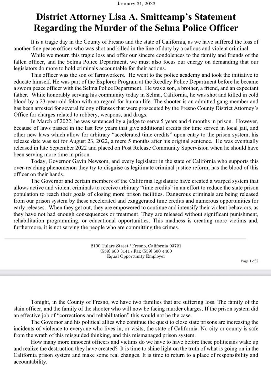 AlyssaFJohansen's tweet photo. NEW: @FresnoDA says Selma PD officer who was killed was the son farm workers and expecting his own baby. The shooter is said to be an admitted gang member released from prison September 2022. @abc30 https://t.co/iFhCx6c5Qs