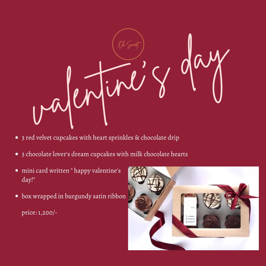 ohsweet_ke's tweet photo. 💕Our Classic Valentine’s Day Box is back this year! 💕

•3 red velvet cuppies with heart sprinkles and chocolate drip
•3 chocolate cuppies with milk chocolate hearts
•mini card written “happy valentine’s day!”
•gift box wrapped in burgundy satin ribbon

✨Price: 1,200/-✨ https://t.co/WPjCQIkf88