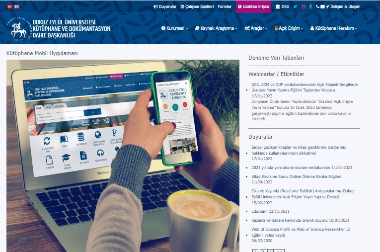 Değerli Öğrencilerimiz,
@universtemDEU Kütüphane ve Dokümantasyon Daire Başkanlığının , “Dokuz Eylül Üniversitesi Kütüphaneleri Mobil Uygulaması” ile 372.217 basılı kitap, 17.604 basılı tez ve 170.636 adet elektronik kitabın yer aldığı kataloğa ulaşın: kutuphane.deu.edu.tr/tr/kutuphane-m…
