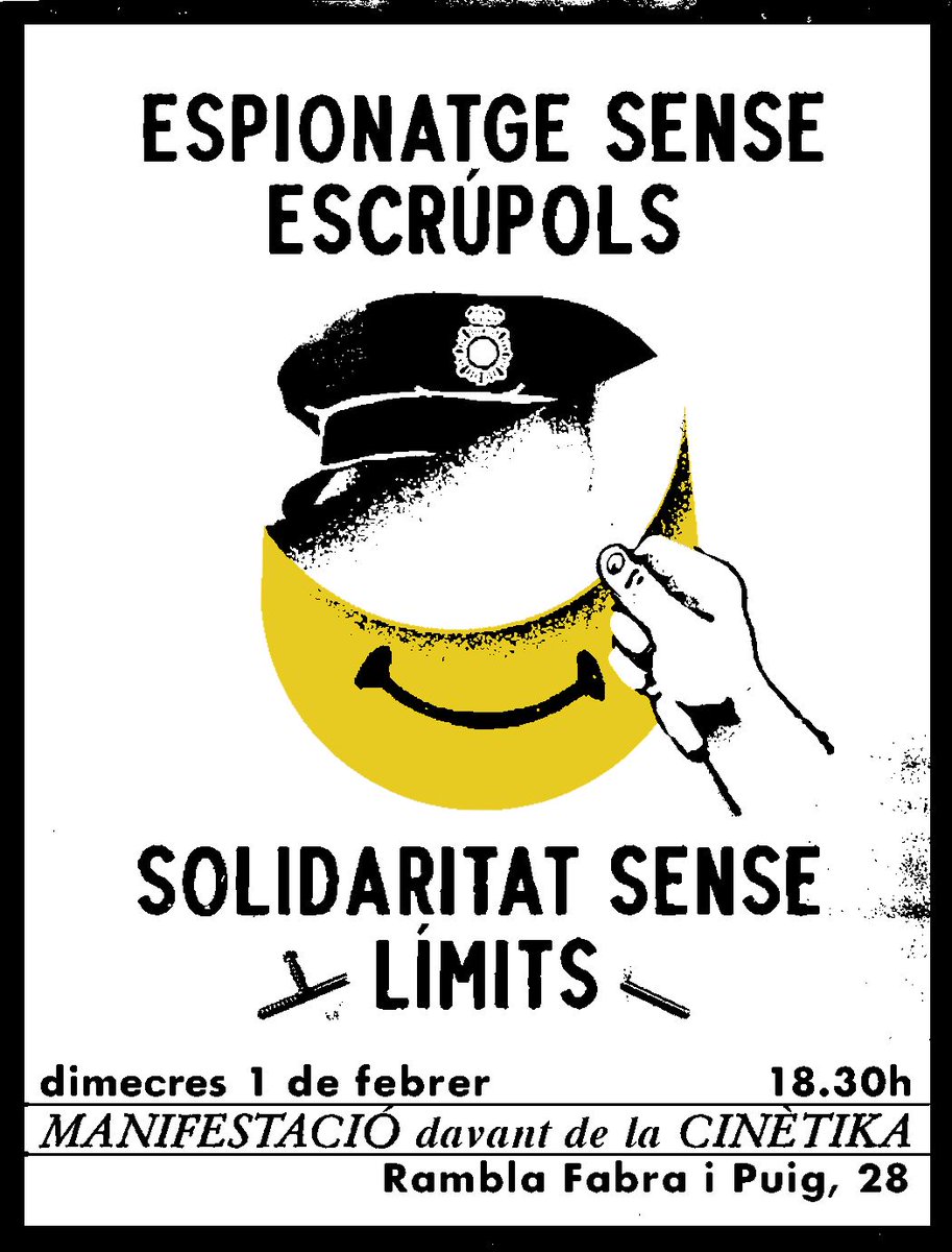 Des del #ClotCampdelArpa ens sumem a la manifestació per denunciar l'#EspionatgedEstat a #Barcelona i #SantAndreu.

Quedem avui, 1 de febrer, a les 18h a la parada de metro Clot (sortida València) per anar-hi juntes!

ESPIONATGE SENSE ESCRÚPOLS, SOLIDARITAT SENSE LÍMITS