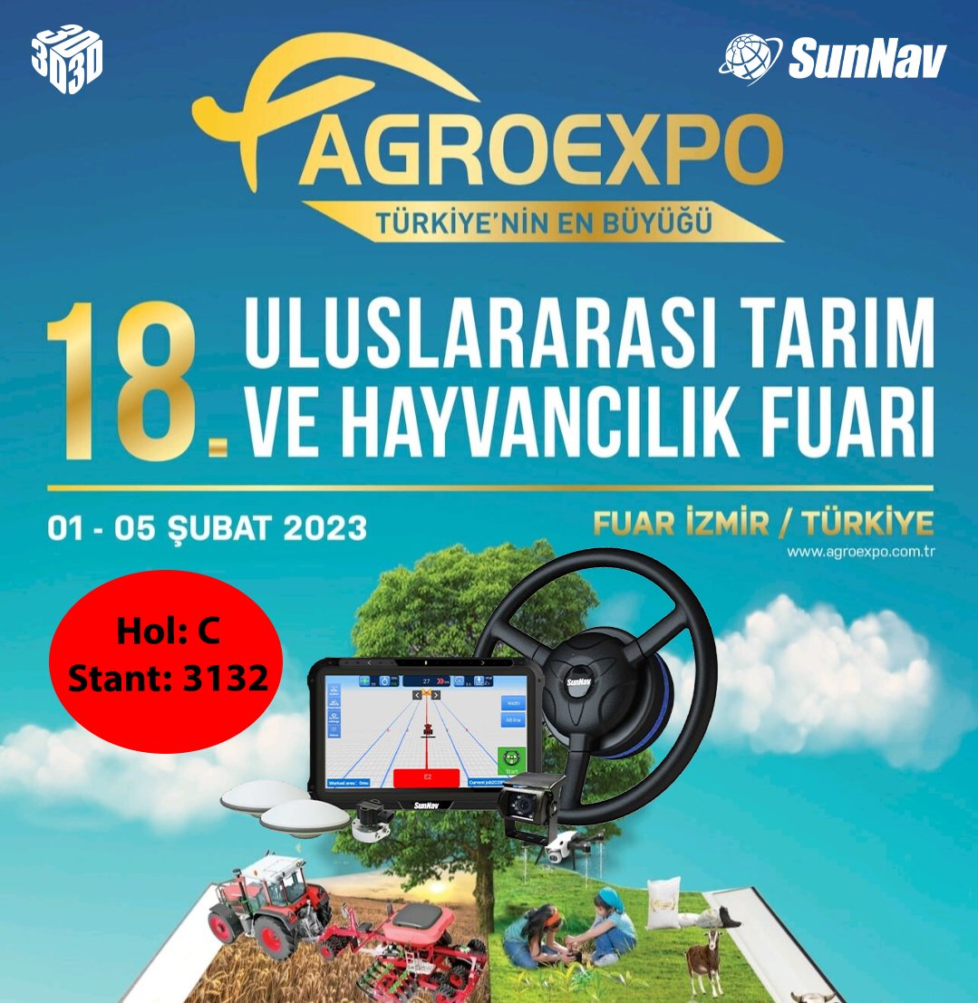 18. Uluslararası Tarım ve Hayvancılık Fuarı'nda Sunnav Otomatik Dümenleme Sistemleri olarak biz de varız! Hol: C Stand: 3132
1-5 Şubat tarihleri arasında İzmir'de gerçekleşecek fuara hepinizi bekliyoruz.
Adres: Fuar İzmir

#3dteknoloji #sunnav #otomatikdümenleme #autosteering