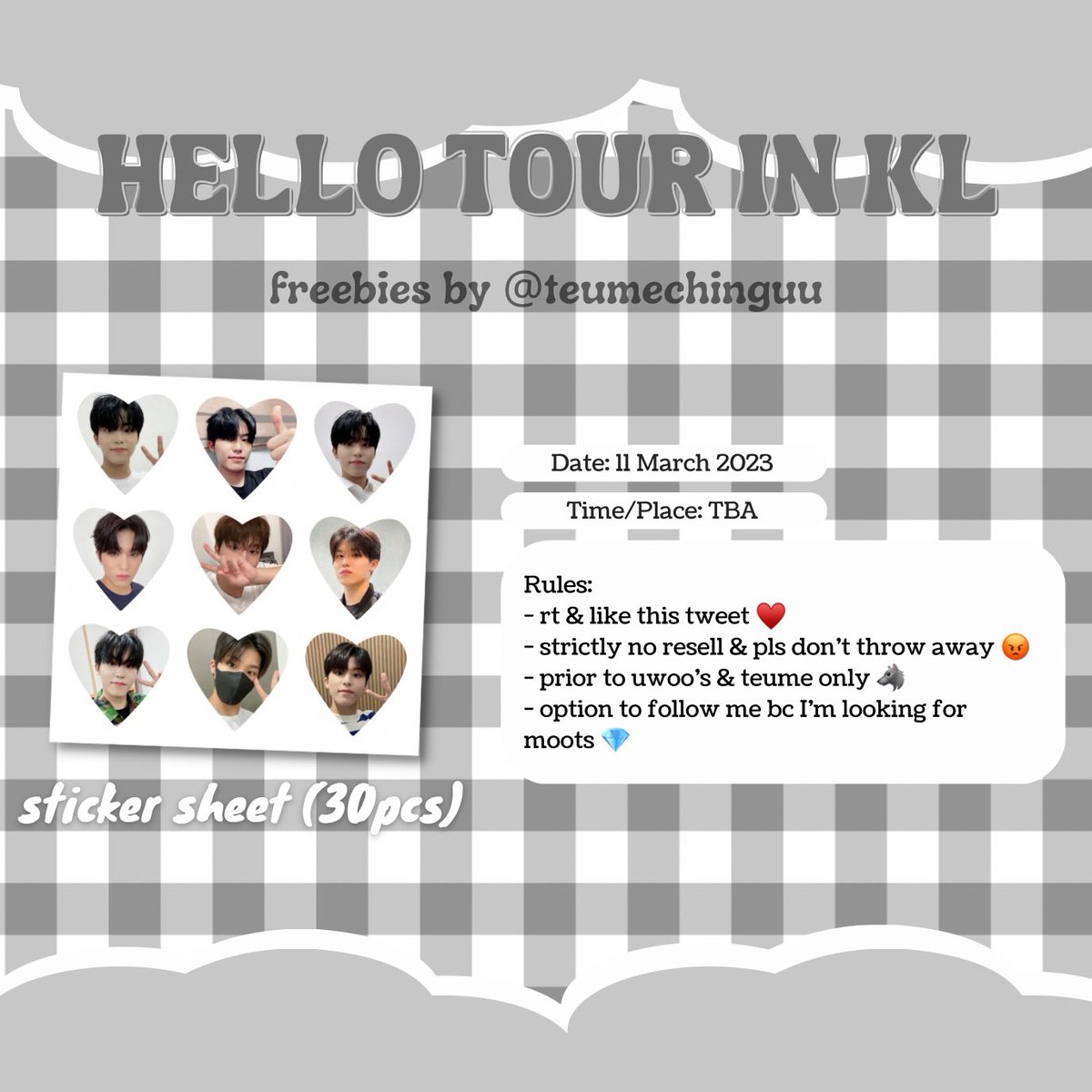 teumechinguu's tweet photo. ♡ TREASURE IN KL FREEBIES ♡

Hello MY teume! i’ll be giving this limited cute freebies. see you guys there! 🤍

🗓️ 11 March 2023
📍 Malawati Stadium, Shah Alam

*Prior for uwoo’s stand &amp; trading available ✨

#TREASUREinKL #HELLOinKL #TREASURE https://t.co/HbjE7JidNn