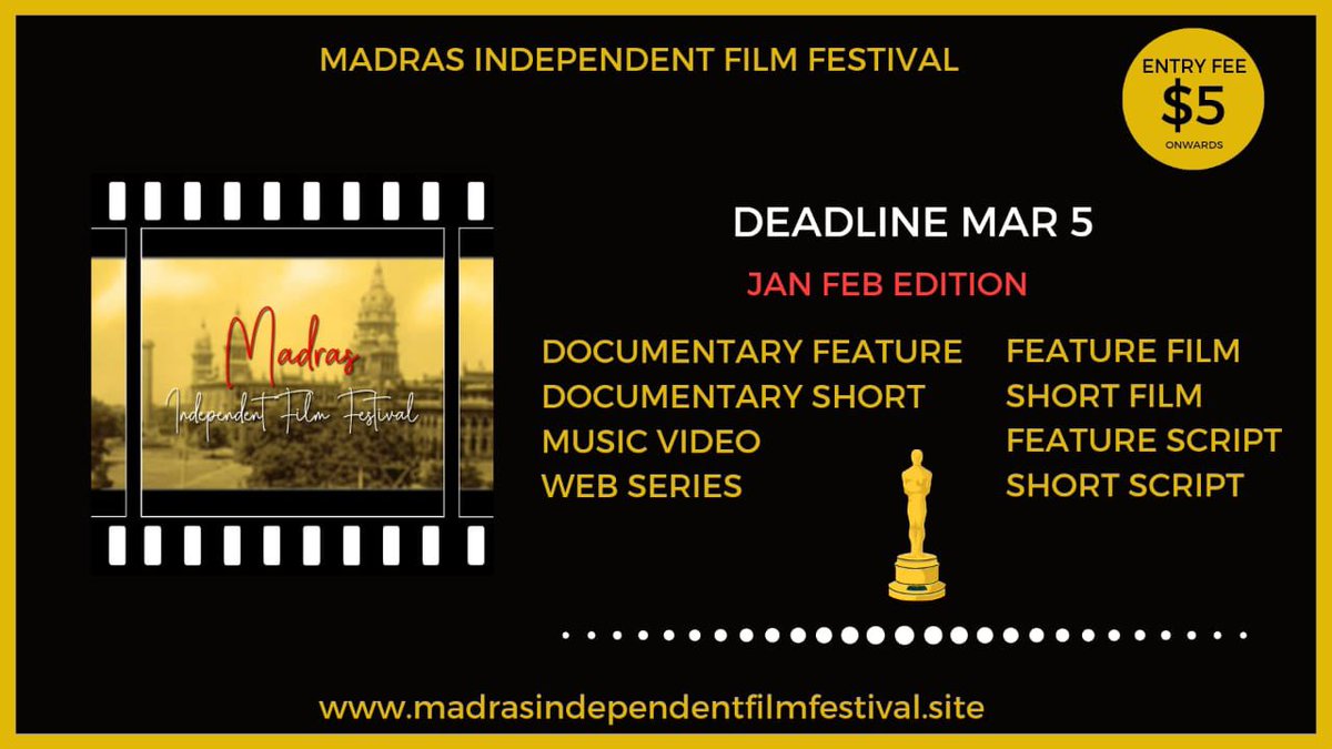 FilmMadras's tweet photo. Hello Filmmakers good day, Call For Entries, submissions open for MADRAS INDEPENDENT FILM FESTIVAL January - February Edition.
Deadline: Mar 05th

https://t.co/z8f6Nioscn https://t.co/xreLLf6dwt