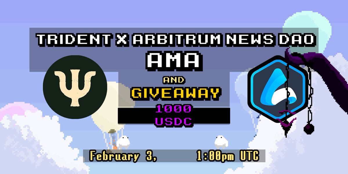 ArbitrumNewsDAO's tweet photo. We'll host an AMA for @TridentDao on our Discord!  👀

Please ask everything that you care about. The $1,000 USDC will be awarded to good questions. 🤗

This Friday, Feb 3rd, at 1:00 pm UTC. ⏰

Join our Discord so you can tune in. 👇 

https://t.co/1XHSBsBfZx

#Arbitrum #AMA #L2 https://t.co/uaYVbVzt4Q
