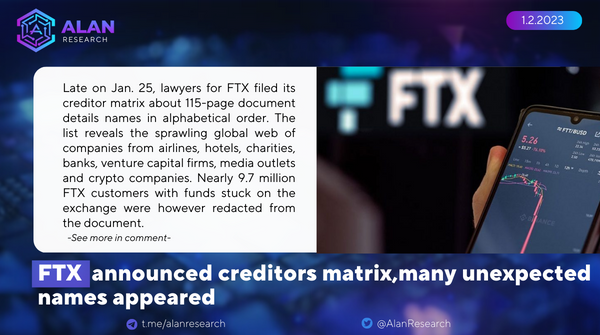 AlanResearch's tweet photo. 🌟NEWS: #FTX Publishes Creditor List, Owes Millions to Well-Known Institutions and Government Agencies
List:https://t.co/nxYcYT0CFq
Follow and RT @AlanResearch for latest #CryptoNews
#AlanResearch #NFT https://t.co/rKNAh01Q2b
