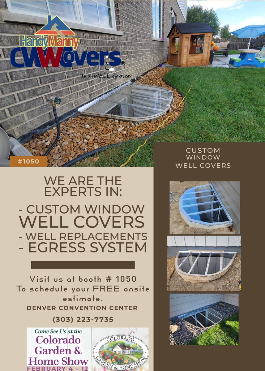 CWWCovers's tweet image. Visit us at booth # 1050 #coloradogardenshow #denverconventioncenter  February 4 – 12 | 2023 Colorado Garden &amp;amp; Home Show | Colorado Convention Center
700 14th Street Denver, CO 80202 Get 35%off on window well Covers, Well Replacements, and Egress Well systems.#windowwellcovers
