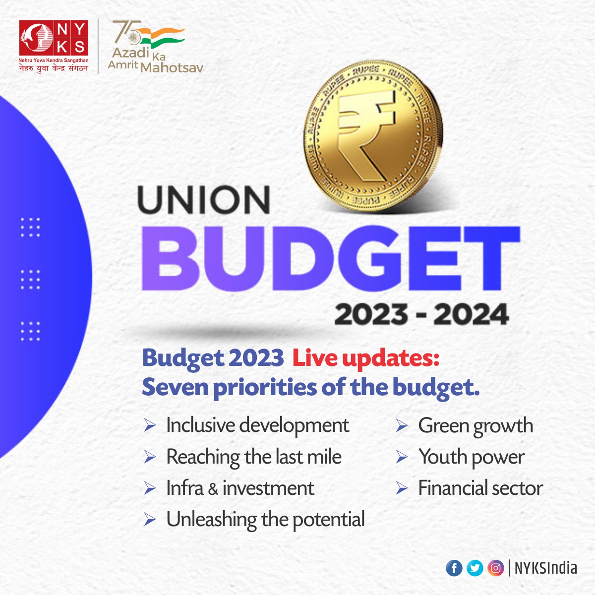 Seven priorities of the Union Budget for the year 2023-24. Watch Live- youtube.com/live/5EDEtqLIs… #BudgetSession #Budget2023 #AmritKaalBudget #UnionBudget2023