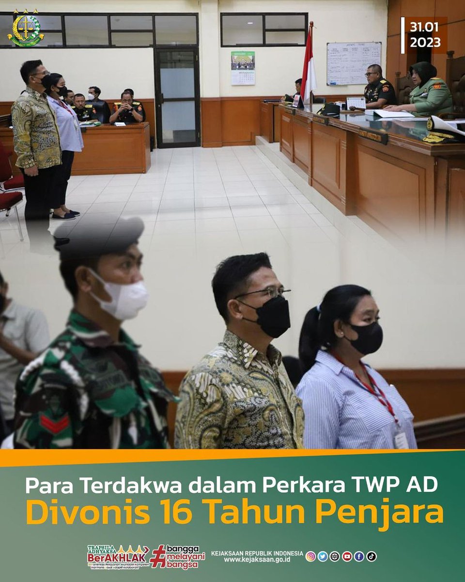 KejaksaanRI's tweet photo. Selasa 31 Januari 2023 bertempat di Pengadilan Militer Tinggi II Jakarta, telah dilaksanakan persidangan dengan agenda pembacaan putusan oleh Majelis Hakim terhadap Terdakwa I Brigadir Jenderal TNI YUS ADI KAMRULLAHdan Terdakwa II NI PUTU PURNAMASARI. https://t.co/RmZqgmFcyu