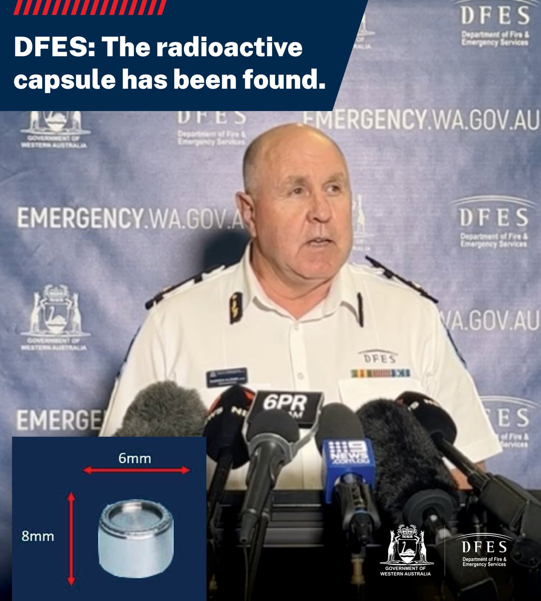 dfes_wa's tweet image. #BREAKING The DFES coordinated search efforts for a #radioactive #capsule have been successful. The positive result in locating the tiny object over a 1,400km area is testament to amazing inter-agency teamwork in the face of seemingly insurmountable odds. #WA #PerthNews