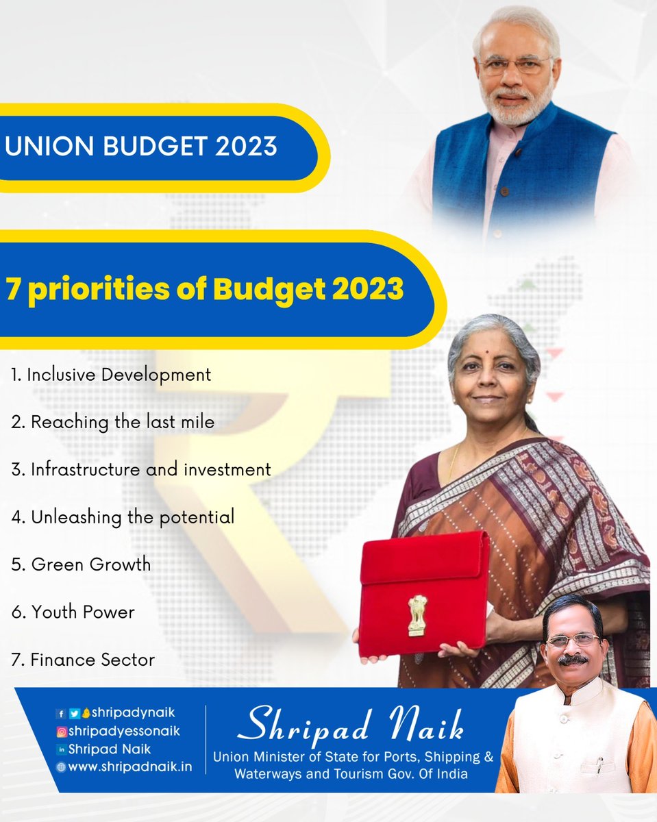 shripadynaik's tweet photo. FM Smt. @nsitharaman ji outlines the 7 priorities for Union Budget 2023 which is definitely futuristic and will act as the Saptrishi 
in guiding us through the Amrit Kaal

#UnionBudget #UnionBudget2023 #AmritKaalBudget https://t.co/9MwsAtLnhP