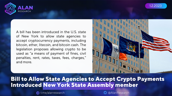 AlanResearch's tweet photo. JUST IN: #NewYork Considers Bill to Establish #Cryptocurrency as a Form of Payment for State Agencies
Follow and RT @AlanResearch for latest #CryptoNews
#AlanResearch #NFT
https://t.co/H7jPx7vOJj https://t.co/ylmCKrbqZF