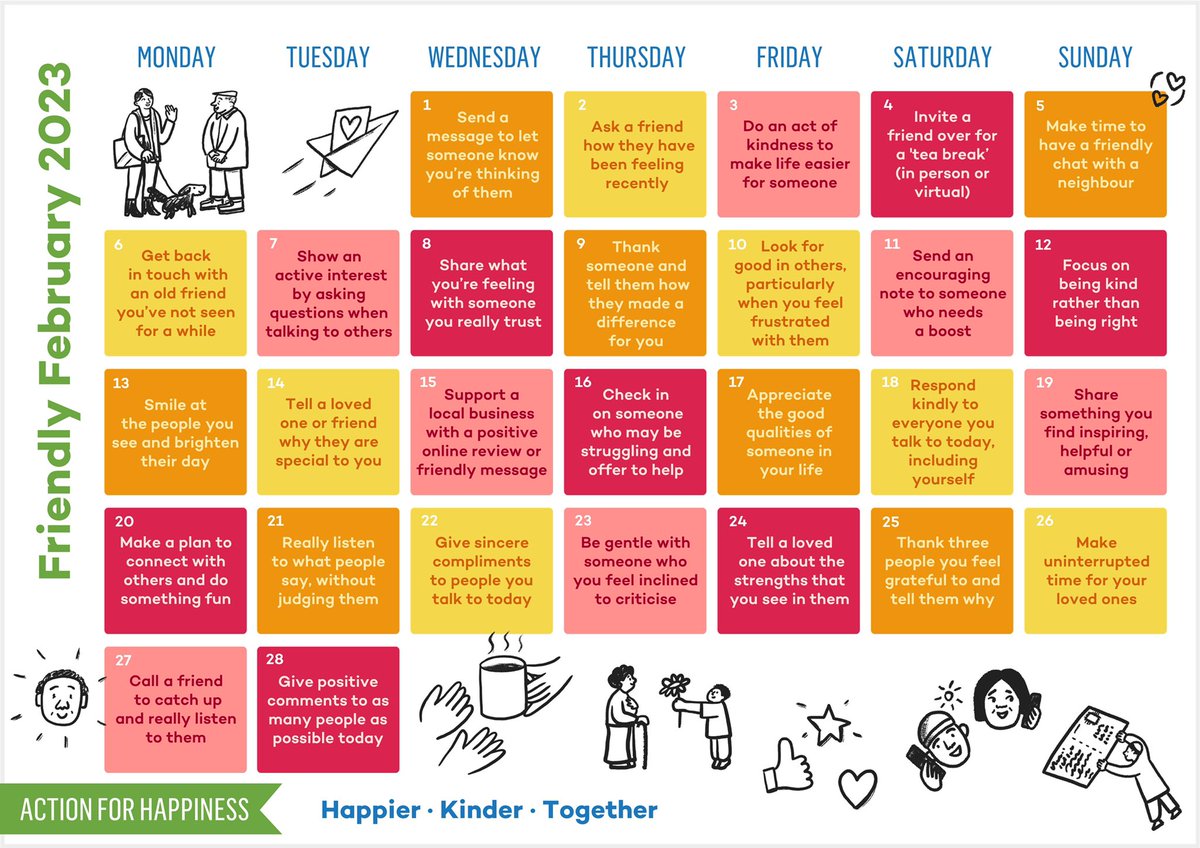 Friendly February - Day 1: Send a message to let someone know you’re thinking of them actionforhappiness.org/february #FriendlyFebruary