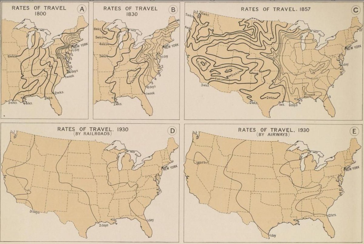 mirbole01's tweet photo. Parmi les nombreuses cartes thématiques de cet Atlas de géographie historique des États-Unis, voir notamment la série remarquable qui montre l'évolution des temps de déplacement depuis New York en 1800, 1830, 1857 et 1930 #isochrones
https://t.co/0hi9azfuz9 https://t.co/cq3oqmXYyq