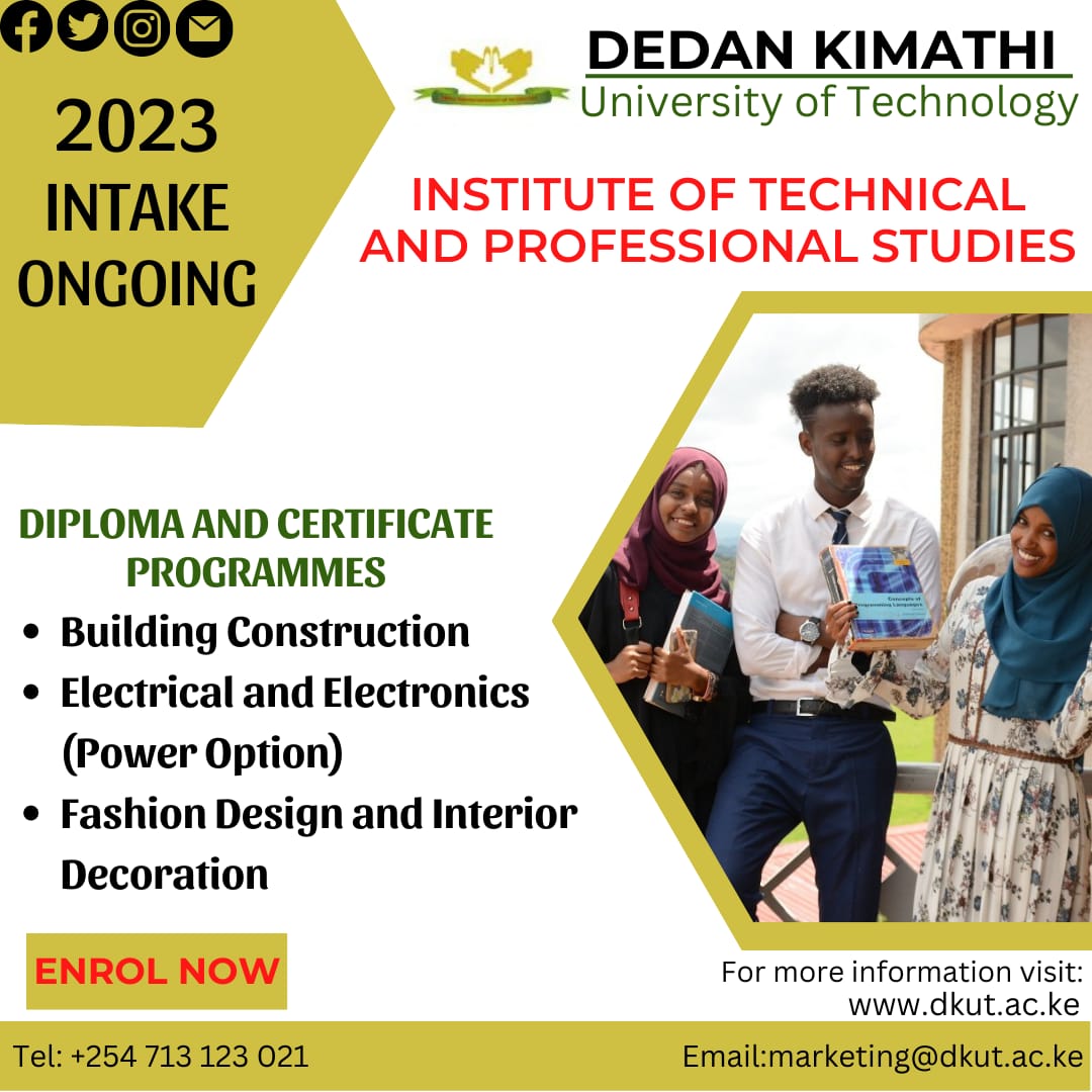 DeKUTkenya's tweet photo. Enroll now for our diploma and certificate programs under the Institute of Technical and Professional Studies.

Requirements: 

Certificate: KCSE mean grade of D plain
Diploma: KCSE mean grade of C minus

Application details; https://t.co/FB2lvRMr51

#betterlifethroughtechnology https://t.co/eILer1mLZ6