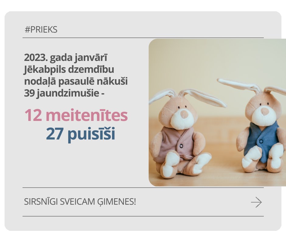 🫶 Šī gada pirmajā mēnesī Jēkabpils reģionālās slimnīcas Dzemdību nodaļā dzimuši 39 bērniņi – 27 puisīši un 12 meitenītes. Janvārī mūsu Dzemdību nodaļā pasaulē nācis arī viens dvīņu pāris – abi puisīši! 
🫶 Pateicamies visām ģimenēm, kas izvēlas Jēkabpils Dzemdību nodaļu!