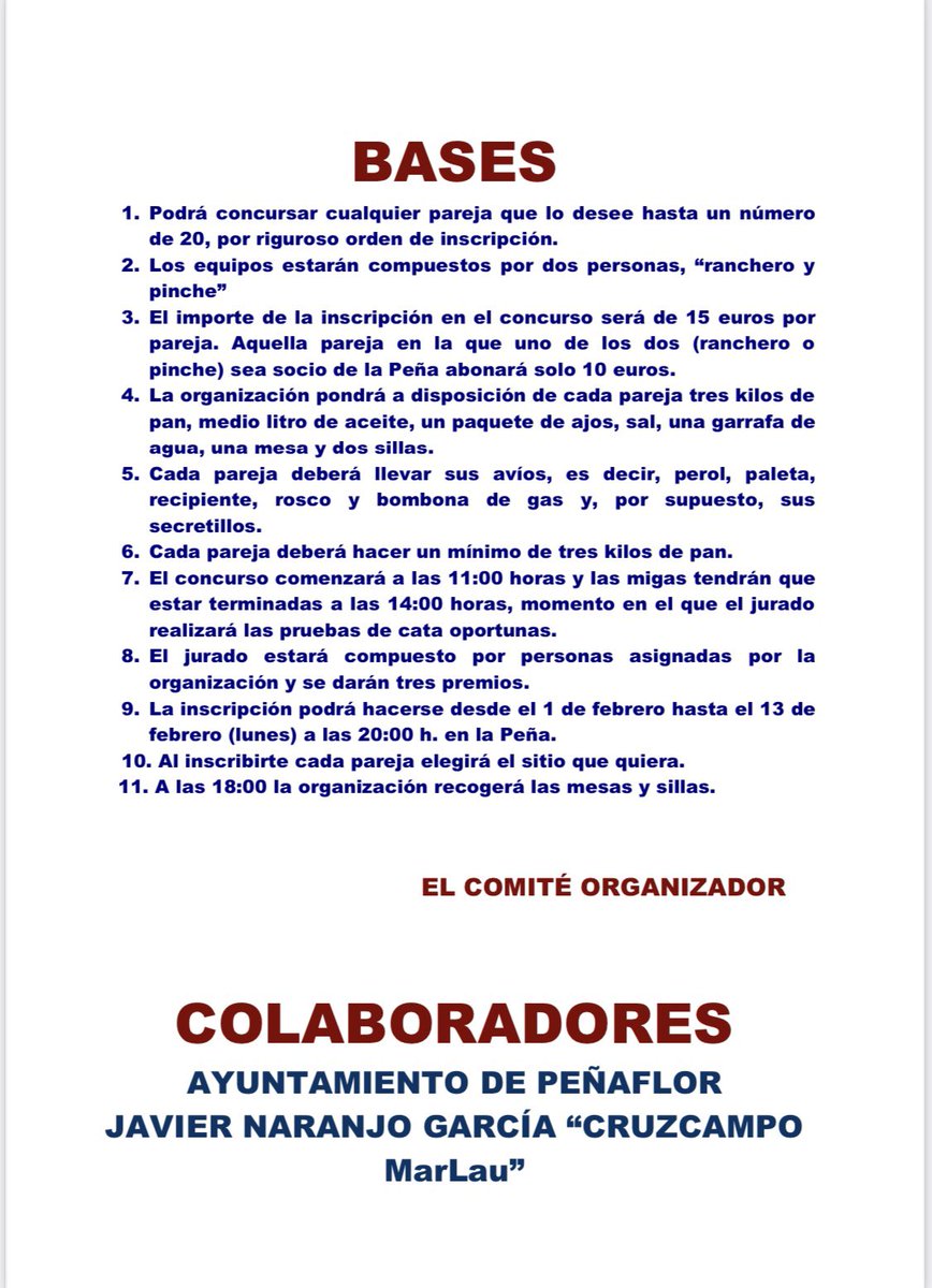 Ya está aquí otro año más nuestro tradicional y único #XIXConcursoMigasPeñaflor, organizado por nuestra #PeñaSevillistaAntonioReina. No te quedes sin participar, pásate por nuestra peña para apuntarte al concurso y disfruta del mejor ambiente como cada año en tu pueblo.🍞👨🏻‍🍳👩🏻‍🍳