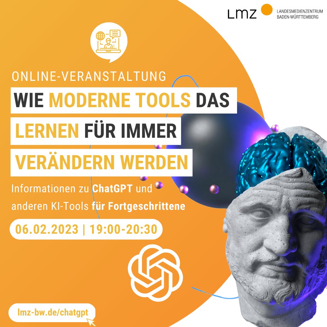 #ChatGPT und Co. - Wie moderne #KI #Tools das Lernen für immer verändern werden 👩‍💻📖💻

Darum geht es in unserer Online-Veranstaltung am 📅 6.2. für Fortgeschrittene

👉ow.ly/ZYNI50MBLCA

Infos &amp; alle Veranstaltungen👉lmz-bw.de/chatgpt

#twlz #edubw
