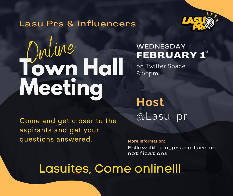 Lasu_PR's tweet photo. Greatest Lasuites! We apologize for not making it happen yesterday, we’ll be back tonight. 

Set your reminder and get your questions ready to ask the aspirants. 

https://t.co/e7z6d7XUIg

📌Space opens by 7:50pm and starts by 8:00pm https://t.co/2Kyp0OBFAW