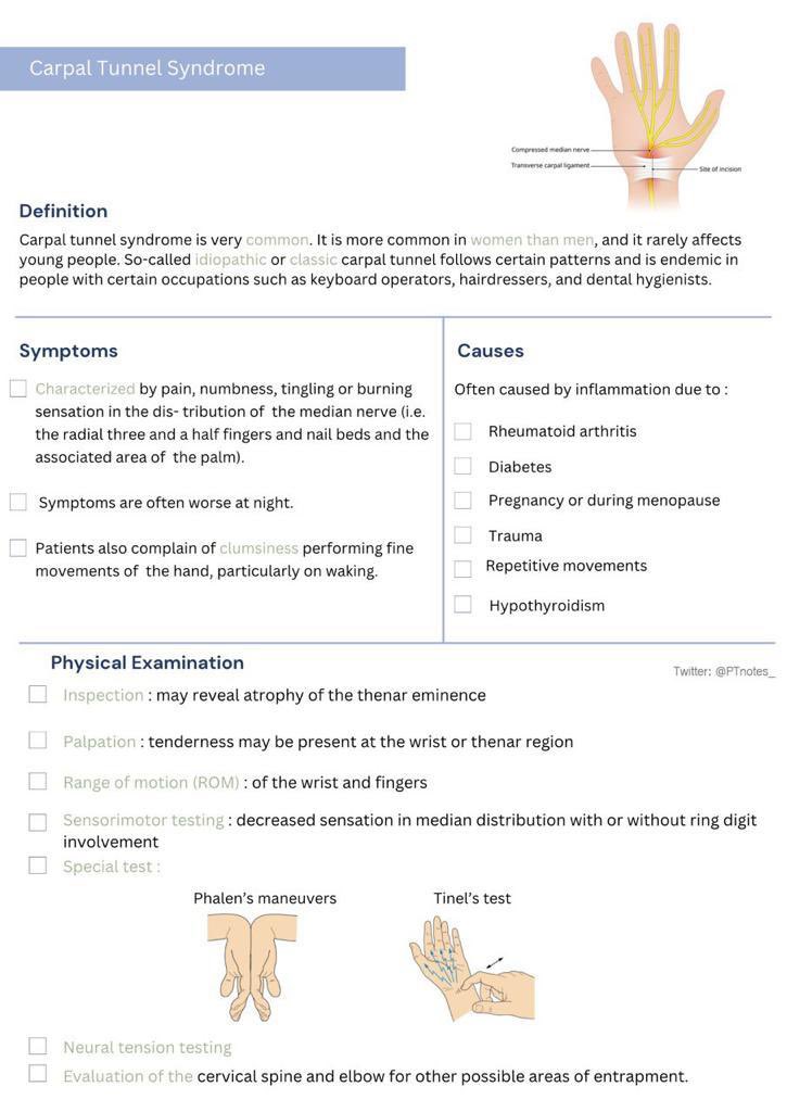 PTnotes_'s tweet photo. ملخص يتكلم عن الـ :
[ Carpal Tunnel Syndrome ] أو ماتسمى بمتلازمة النفق الرسغي🤚🏻. https://t.co/qPOpqRByaW