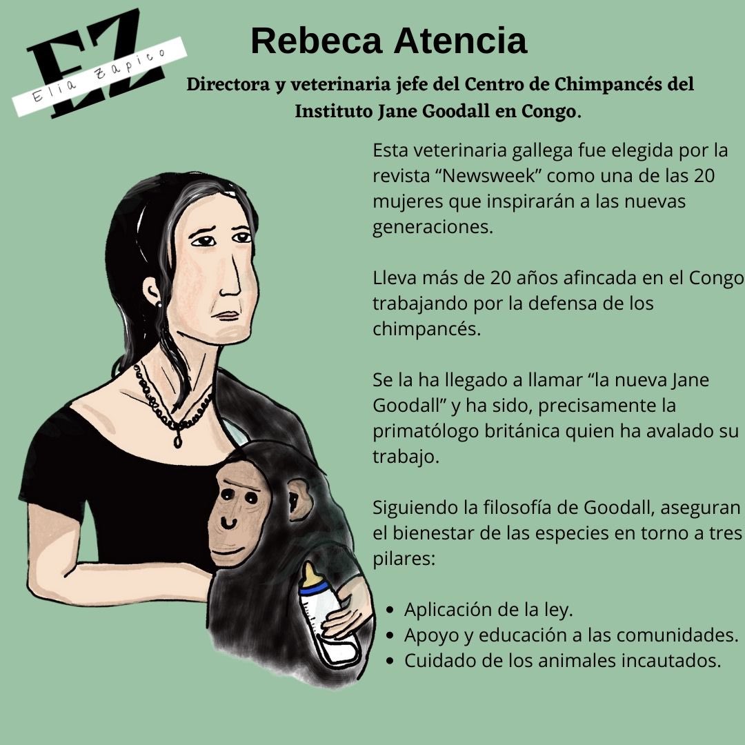 Rebeca Atencia es veterinaria y miembro del equipo de la primatóloga #JaneGoodall @11defebreroES #científicas @JaneGoodallEspa #Biografíasilustradas #Mujeryniñaenlaciencia