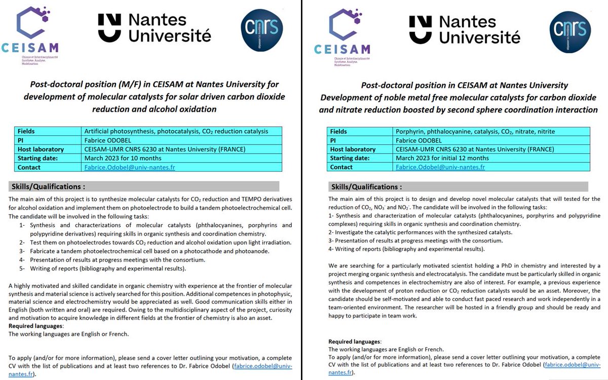 Two Postdoctoral positions are available within the group of F. Odobel at @CeisamLab. 
If you require any further information, please feel free to reach out to me.
#postdocposition

PS: RTs are welcome!