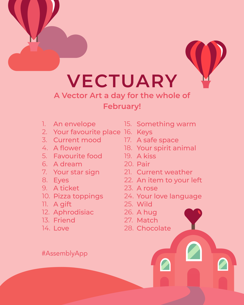 assembly_pixite's tweet photo. It's February 1st, you know what that means...💗

Monthly Challenges are back! Introducing #Vectuary, an all-new Assembly App challenge. A vector challenge a day, for 28 consecutive days.

Tag your entries to @assemblyapp #AssemblyApp for us to see!

Happy Creating✏️ https://t.co/58JmsDs6hA