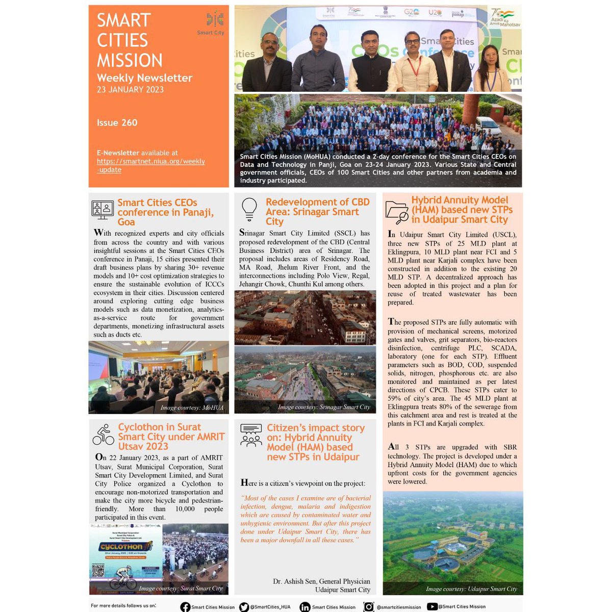 SmartCities_HUA's tweet image. Smart Cities Mission Weekly Newsletter- Issue 260

#SmartCitiesMission #CEOsConference #SrinagarSmartCity #UdaipurSmartCity #HybridAnnuityModel #SuratSmartCity #CyclothonSurat #CitizenImpactStory