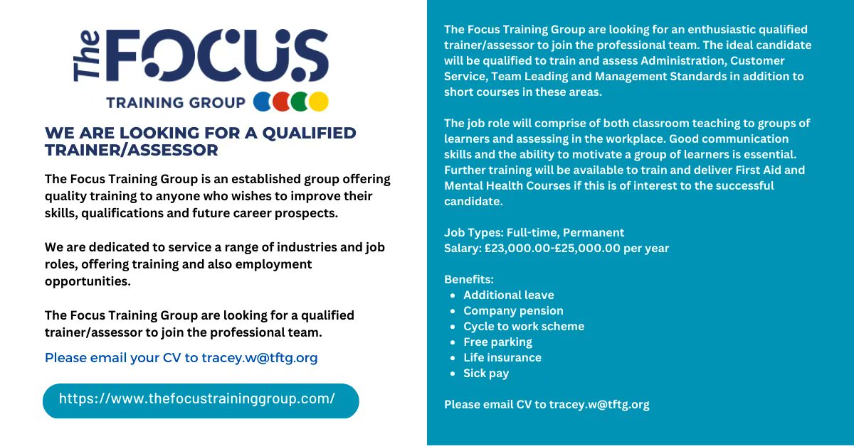focustrainingsw's tweet photo. Come and join our Focus Team, we are looking for a Trainer/Assessor
Please send your cv to tracey.w@tftg.org
#jobs #careers #jobsinDevon #devonjobs #jobsinCornwall #Cornwalljobs #jobsinPlymouth #trainingprovider https://t.co/uoUy8NAlnh