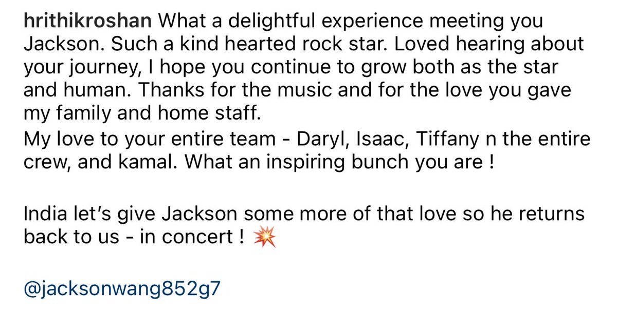 JacksonWGlobal's tweet photo. [INSTA] 230201 hrithikroshan

“…India let’s give Jackson some more of that love so he returns back to us - in concert ! 💥”

https://t.co/Xauyhelv0H

#JacksonWang #王嘉尔 #잭슨 #TEAMWANG @JacksonWang852 #JACKSONININDIA https://t.co/cRPyBD6YiX