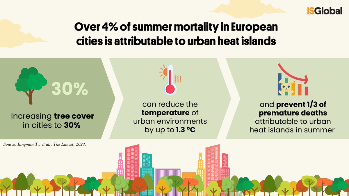 🌳A new study published in @TheLancet and led by #ISGlobal estimates that one third of deaths attributable to heat islands in cities during the summer could be avoided if trees covered 30% of urban space. (Thread👇🧵) #GreenSpaces #UrbanHealth