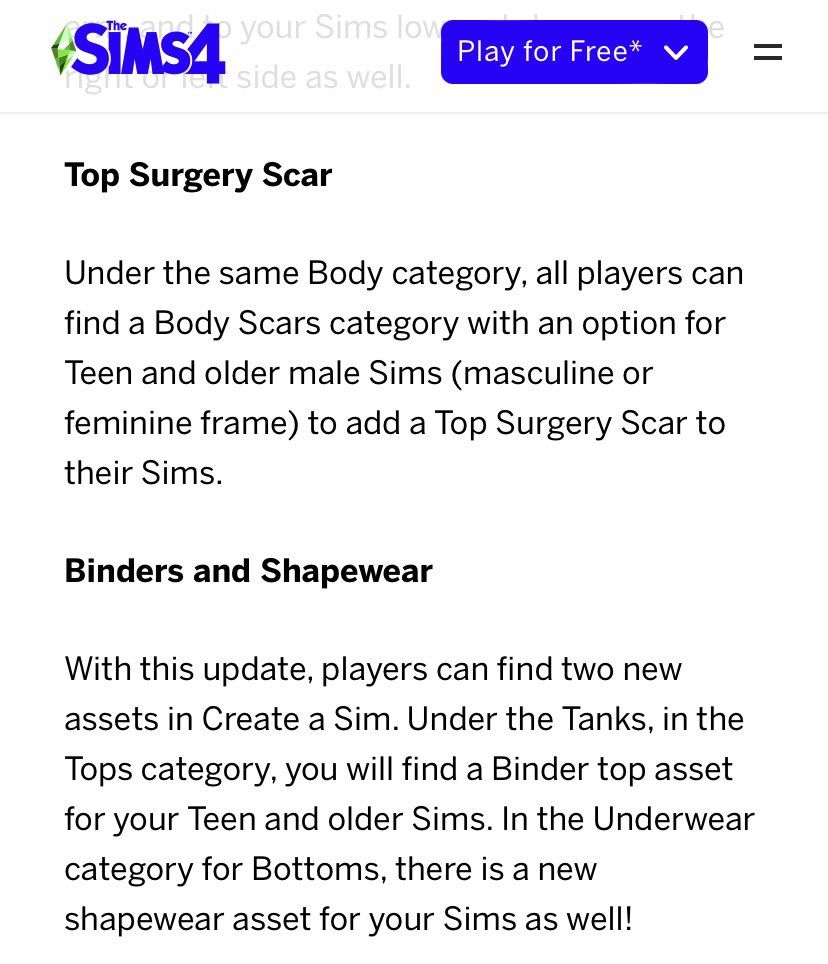 La nueva edición de Los Sims incluye sims con fajas para aplastar el pecho y cicatrices de dobles mastectomías. Porque también se puede nacer en un sim equivocado, y hay que permitir que los sims puedan llegar a ser lo que ya son.
(With special thanks to <a href="/Rebevolutions/">Rebeca Argudo</a>)