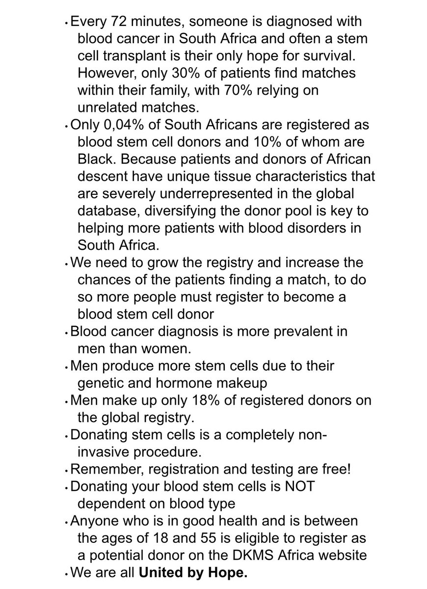 Every 72 min, someone is diagnosed with blood cancer in South Africa and often a stem cell transplant is their only hope for survival

Registering as potential blood stem cell donor on @DKMS_Africa website: dkms-africa.org

#UnitedByHope #TogetherAgainstBloodCancer #DKMS