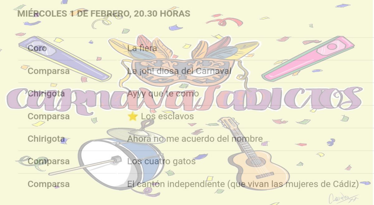 Carnavaladictos's tweet photo. HOY Miércoles 1 Febrero
#Coac2023P12

@Coro_Sevilla 
@ComparsadeBorja 
@ComparsaArguez 
@comparsabcn 
@la_predicadora https://t.co/dLVyUo55Xp