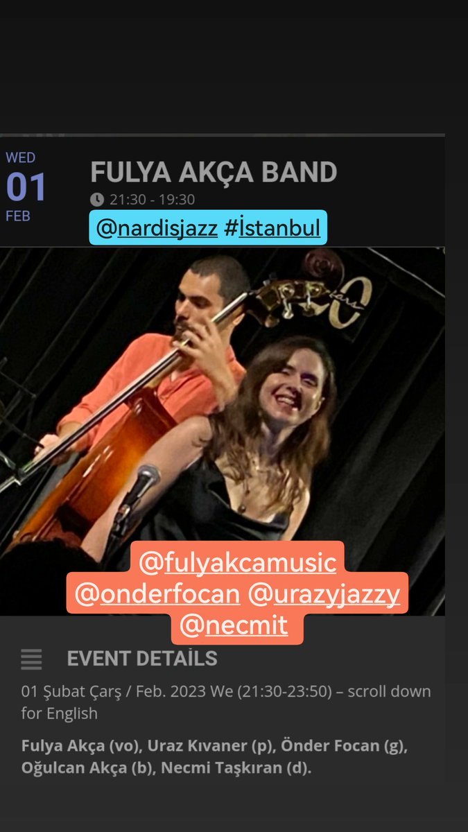 JazzDergisi (@jazzdergisi) on Twitter photo 01.02.2023 Çarşamba Etkinlikleri | Wednesday Events 1/5
<a href="/FlapperSwing/">Flapper Swing</a>
<a href="/csoadaankara/">CSO Ada Ankara</a> <a href="/_cafebien_/">cafebien</a> <a href="/MadenSarp/">sarp maden</a> <a href="/thebadau/">the badau</a> <a href="/nardisjazz/">Nardis Jazz Club</a> #JazzinTurkey #TürkiyedeCaz #Jazz #Caz #ジャズ #LiveJazz #İstanbul #Ankara #Antalya #Edirne #JazzDergisi 01.02.2023 Çarşamba Etkinlikleri | Wednesday Events 1/5
<a href="/FlapperSwing/">Flapper Swing</a>
<a href="/csoadaankara/">CSO Ada Ankara</a> <a href="/_cafebien_/">cafebien</a> <a href="/MadenSarp/">sarp maden</a> <a href="/thebadau/">the badau</a> <a href="/nardisjazz/">Nardis Jazz Club</a> #JazzinTurkey #TürkiyedeCaz #Jazz #Caz #ジャズ #LiveJazz #İstanbul #Ankara #Antalya #Edirne #JazzDergisi