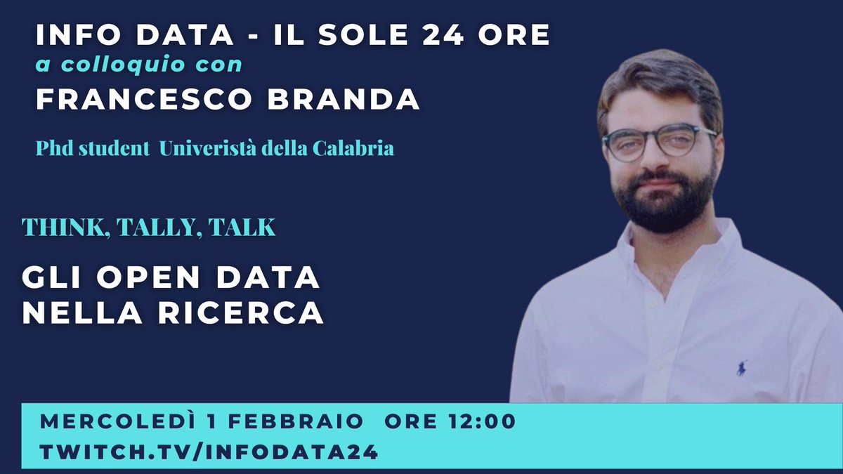 lucatremolada's tweet photo. Mercoledì 1 febbraio alle 12:00 siamo live su @Twitch con @fbranda94 per discutere di #opendata, #statistica e #ricerca
Siete su #ThinkTallyTalk @lucatremolada https://t.co/Kzpn2IWbe6
#dataj https://t.co/Gg5FKb2mzM