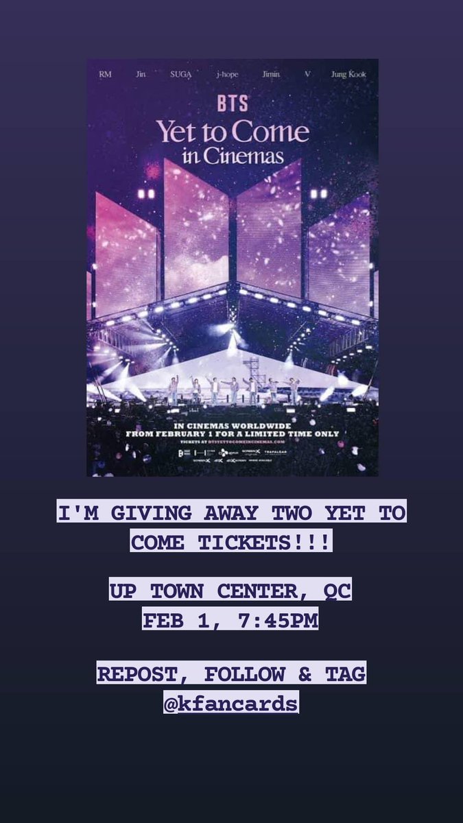 Kfancards is giving away TWO (2) Yet To Come tickets!!!

Showing: Feb 1, 7:45pm
Where: UP Town Center

Mechanics:
Like/ Follow Kfancards on IG or Tiktok and comment "Done" below!!