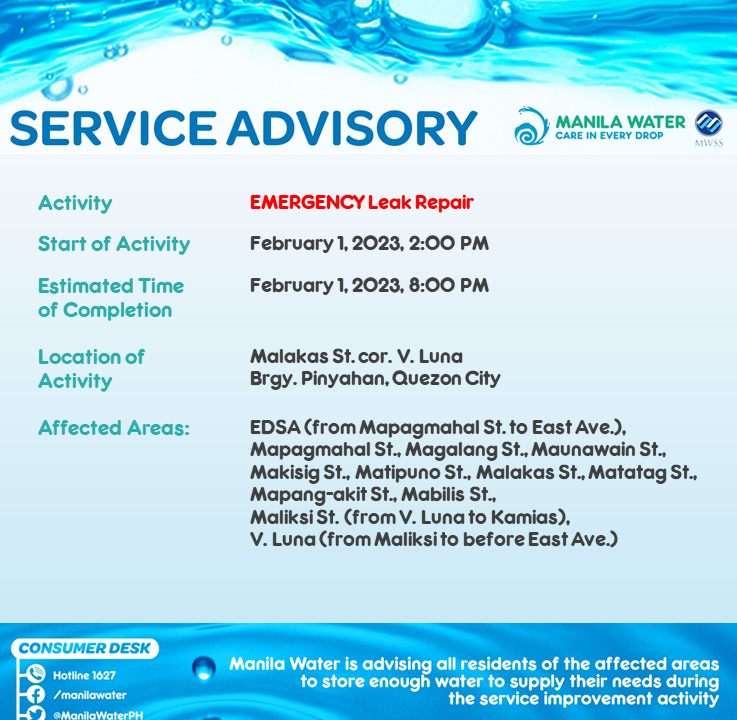 ManilaWaterPH's tweet photo. SERVICE ADVISORY: Ongoing EMERGENCY leak repair at Malakas St. cor. V. Luna, Brgy. Pinyahan, Quezon City. Estimated time of completion is at 8:00 PM tonight, February 1, 2023. Two water tankers are currently deployed to serve the water needs of affected customers. https://t.co/hq4ysfjp5u