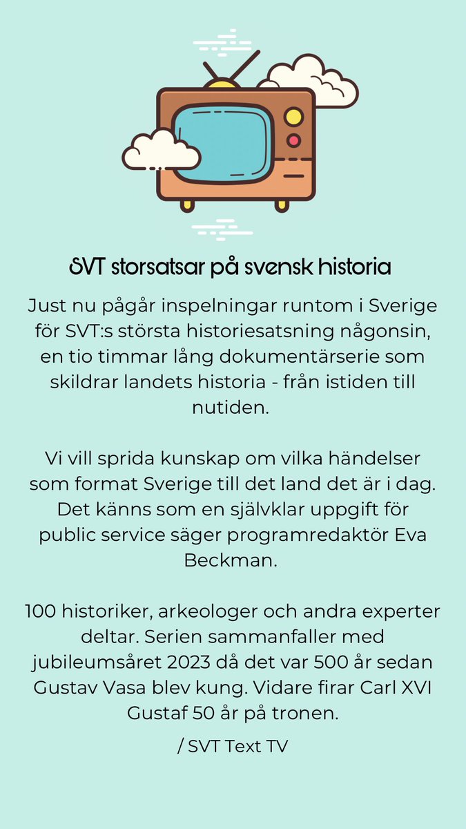 SVT storsatsar på svensk historia. 

Just nu pågår inspelningar runtom i Sverige för SVT:s största historiesatsning någonsin, en tio timmar lång dokumentärserie som skildrar landets historia - från istiden till nutiden. 

#sverigeshistoria #svenskhistoria