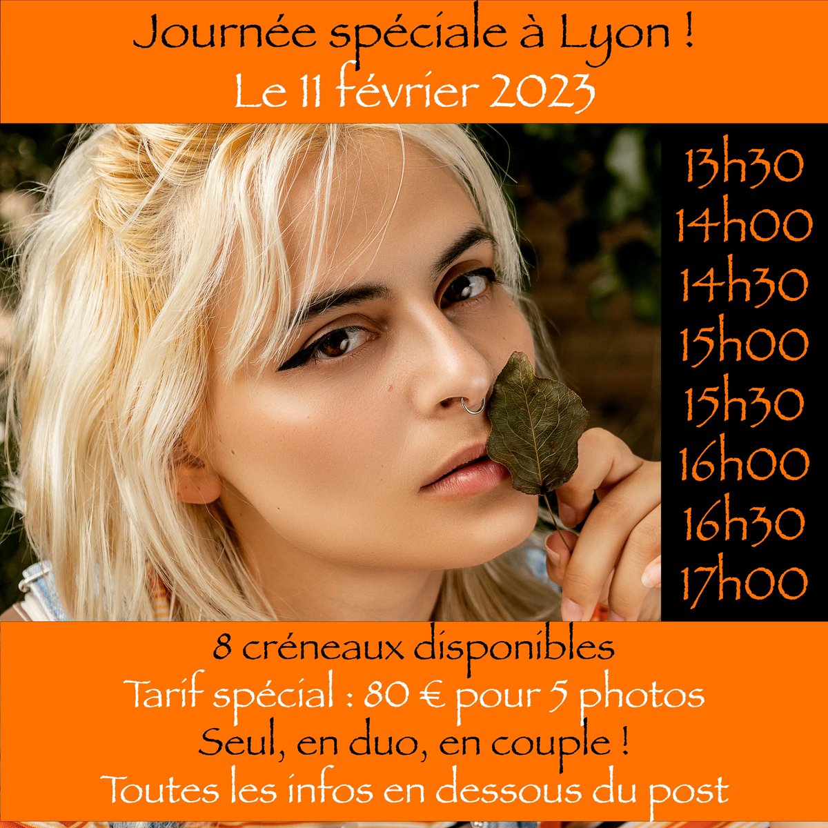 ByChrisPhoto's tweet photo. Je serai à #Lyon le 11 février 2023 pour une journée spéciale ! 🤩
8 créneaux de 30min à tarifs réduits avec 5 photos retouchées par séance 🥰! 
Contactez-moi vite pour réserver votre séance en solo, duo ou en couple ! 😁
#photographelyon #portrait #photographe #onlylyon https://t.co/wbqdJsEjHV