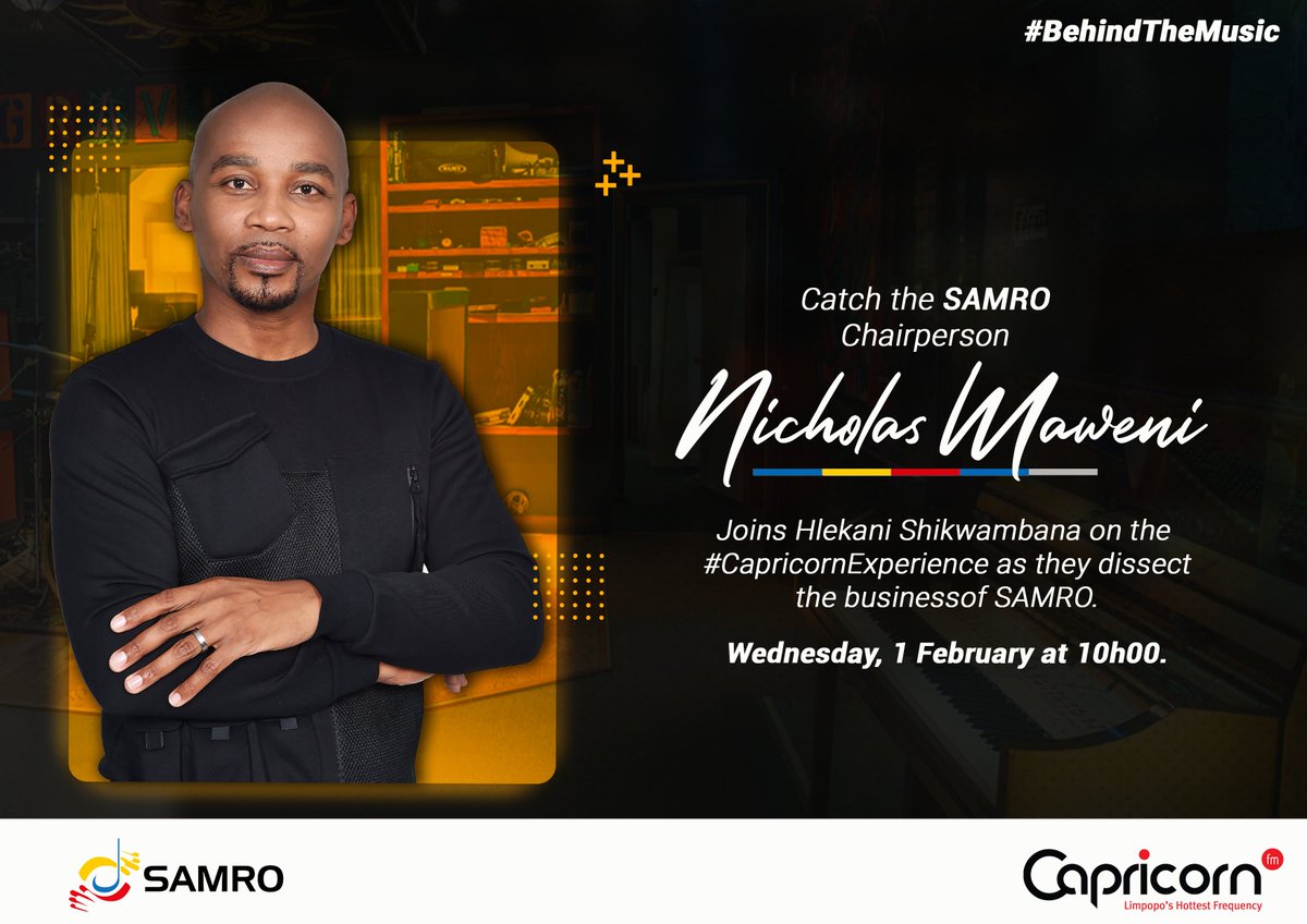 CapricornFM's tweet image. ON AIR | @SAMROMusic Chairperson, @NicholasMaweni joins @Hlekanis on the #CapricornExperience to have a conversation on the business of #SAMRO.