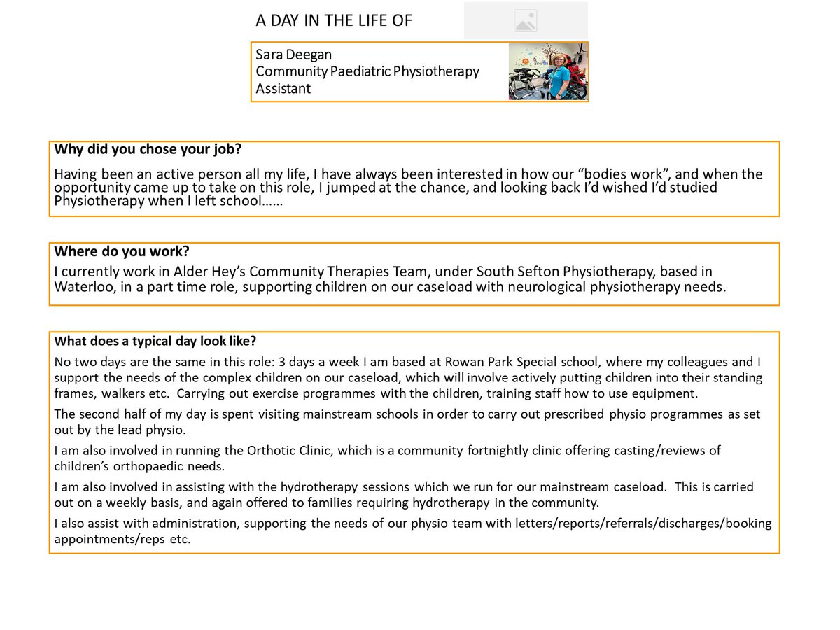 Alder Hey AHPs (@alderhey_ahps) on Twitter photo 1/2 Ever wondered what a Community Paediatric Physiotherapy Assistant does? - meet Sara and she will tell you all #AHPs #Assistants #workforce #magical <a href="/AlderHey/">π₯ Alder Hey π</a> <a href="/SeftonPTOT/">Alder Hey Sefton Community Physio and OT teams</a> <a href="/AlderHeyPhysioC/">Alder Hey Physio & OT (Community)</a> @LCooper102 <a href="/WeAHPs/">WeAHPs π</a> @C_M_AHP_Faculty 1/2 Ever wondered what a Community Paediatric Physiotherapy Assistant does? - meet Sara and she will tell you all #AHPs #Assistants #workforce #magical <a href="/AlderHey/">π₯ Alder Hey π</a> <a href="/SeftonPTOT/">Alder Hey Sefton Community Physio and OT teams</a> <a href="/AlderHeyPhysioC/">Alder Hey Physio & OT (Community)</a> @LCooper102 <a href="/WeAHPs/">WeAHPs π</a> @C_M_AHP_Faculty