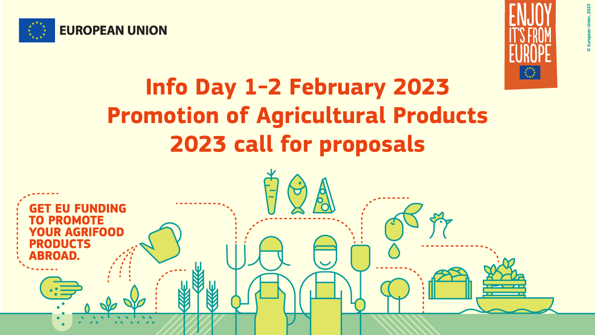Interested in funding for the promotion of #EU🇪🇺agri-food?🍲#EnjoyItsFromEurope

Then follow the #EUAgriPromo Info Day⬇️

🕜Today from 13:30 CET
🔗 europa.eu/!bJttNN

🕘Tomorrow from 9:00 CET 🔗europa.eu/!HVXN3w

🔖Read the agenda
🔗…ri-calls-for-proposals2023.b2match.io
