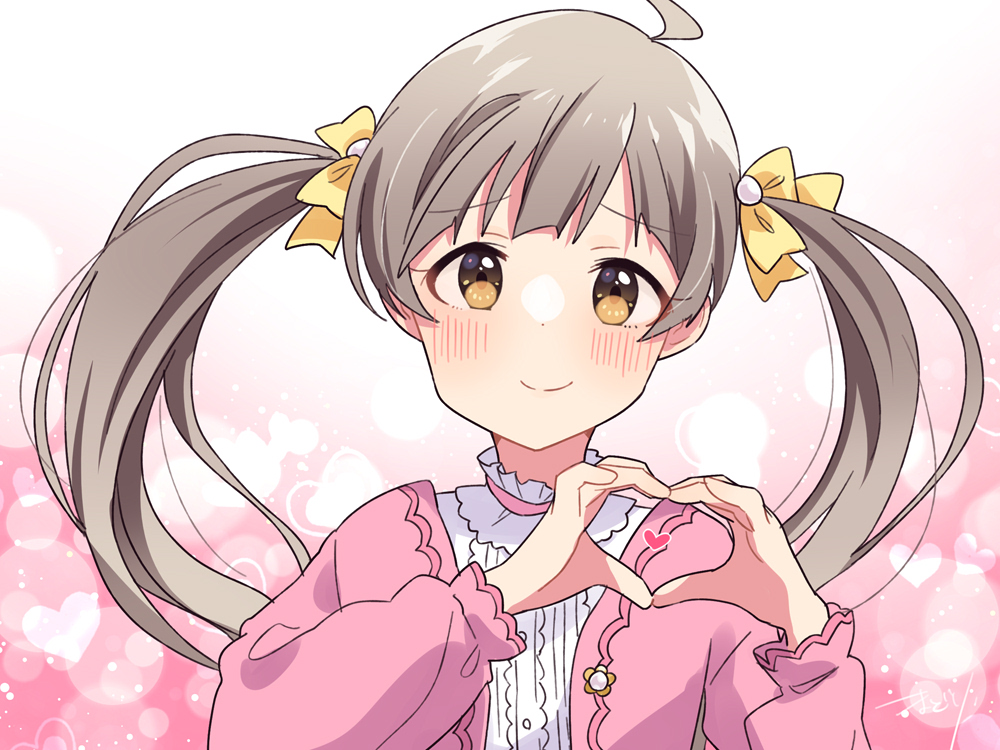 1girl heart hands heart twintails solo blush smile  illustration images