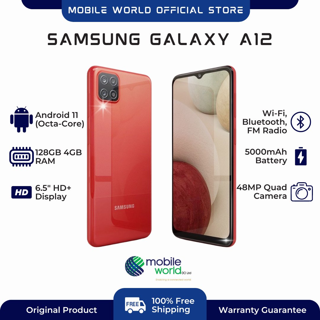 MobileWorld_Ke's tweet photo. Stay ahead of the day with a battery that won't slow you down. The #SamsungGalaxyA12 has 5,000mAh battery, 4GB/128GB storage, Android 11 OS &amp; 48MP Quad Camera.
Available in Black, Blue &amp; Red
Shop at https://t.co/T6P8RSSngB 

#Smartphones #Samsung #GalaxyA12 #MobilePhotography https://t.co/Q5wUSrJZ0c